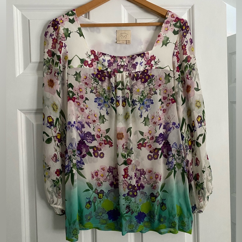 Anthropologie Vanessa Virginia 100% silk floral ombre blouse top tunic Sz 10
